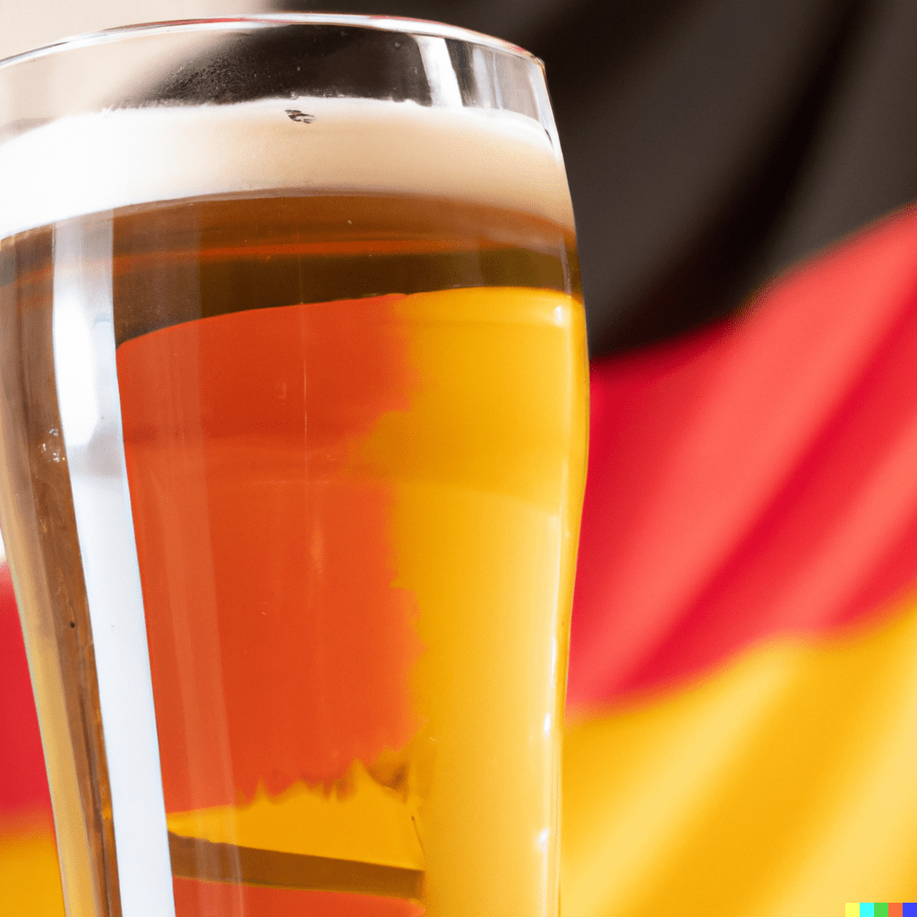 The German flag with a pint of light colored beer in the foreground